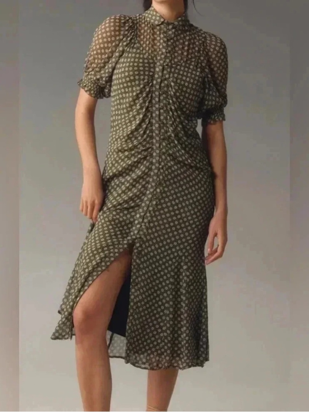 Anthropologie Olive Polka Dot Midi Dress with High Neck